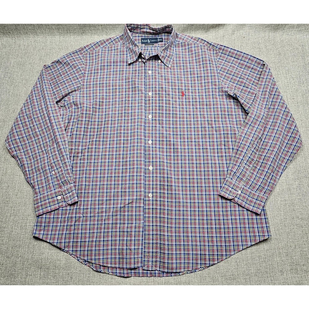 Ralph Lauren‎ Shirt Mens 2XL Red Blue Plaid Custom Fit Long Sleeve Button Down